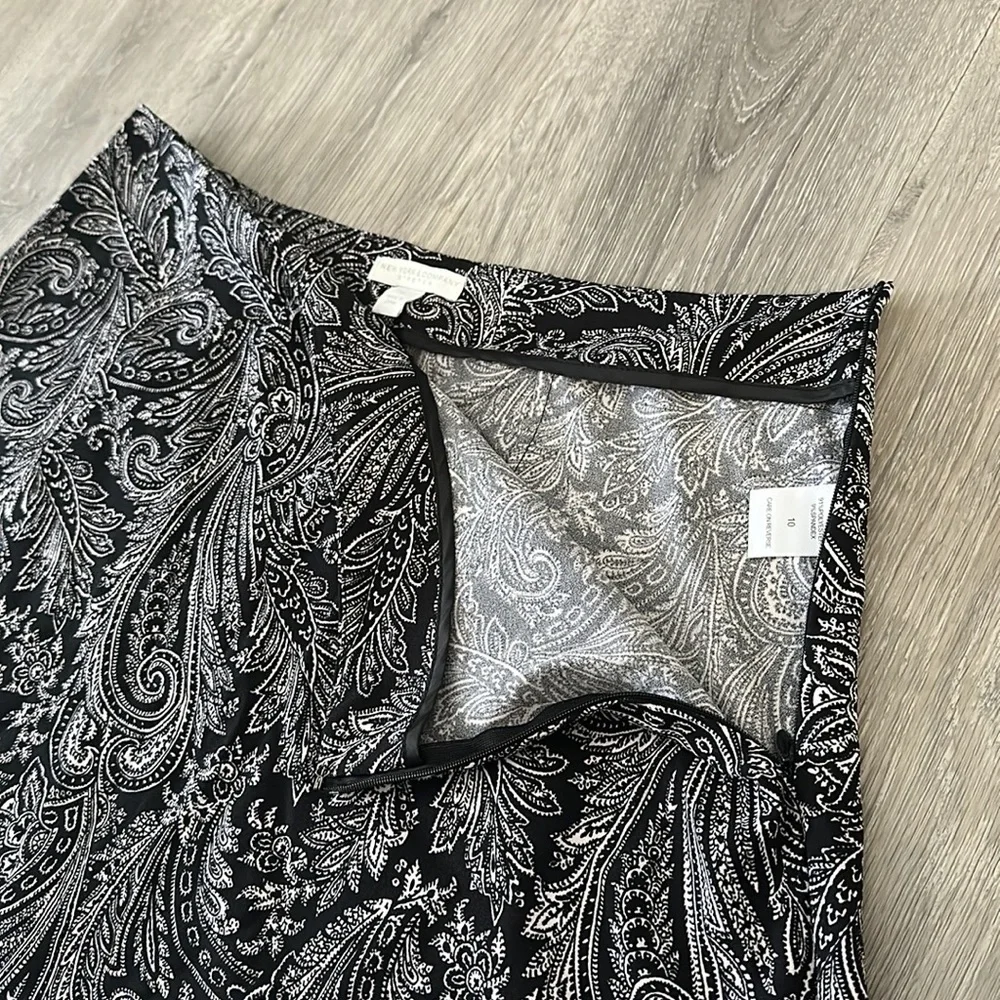 Women’s Paisley Print Black White Work High Waisted Midi Skirt Size 10